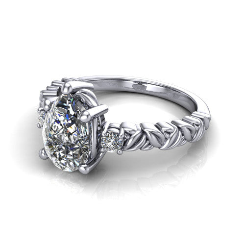 Mackenzie pear leaf band engagement ring in Platinum with carved rope-twist shank and round side accents, three-quarter perspective view
