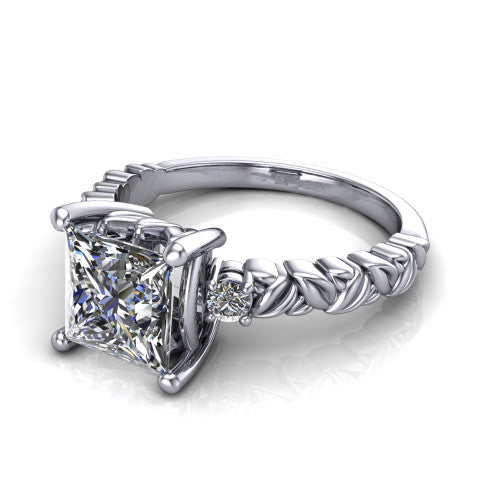 Mackenzie princess leaf band engagement ring in Platinum with carved rope-twist shank and round side accents, three-quarter perspective view
