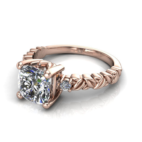 Mackenzie cushion leaf band engagement ring in 14K Rose Gold with carved rope-twist shank and round side accents, three-quarter perspective view