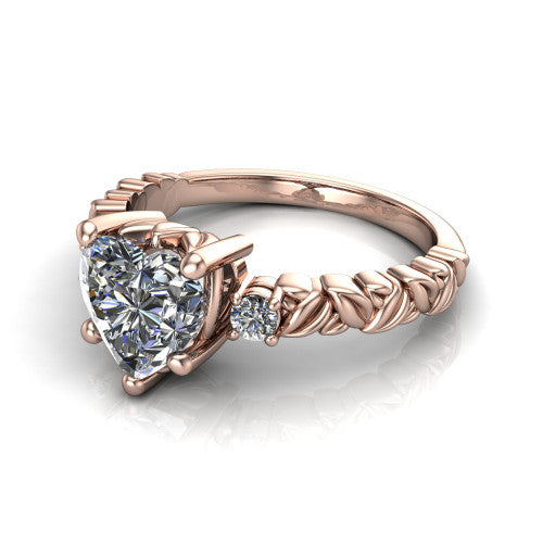 Mackenzie heart leaf band engagement ring in 18K Rose Gold with carved rope-twist shank and round side accents, three-quarter perspective view