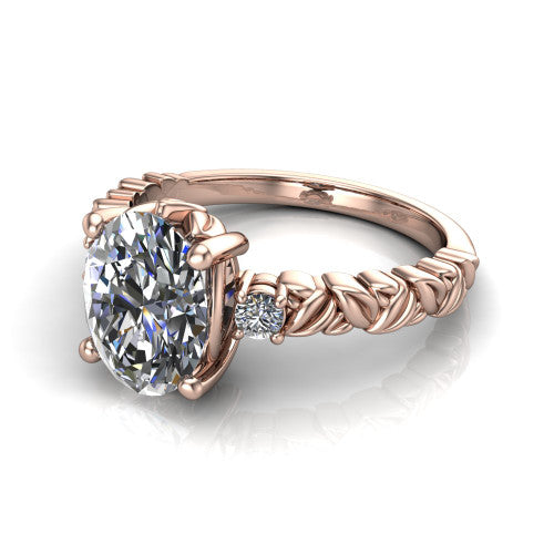 Mackenzie oval leaf band engagement ring in 14K Rose Gold with carved rope-twist shank and round side accents, three-quarter perspective view