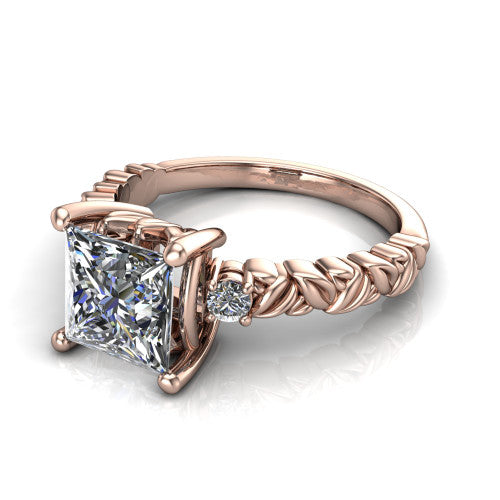Mackenzie princess leaf band engagement ring in 14K Rose Gold with carved rope-twist shank and round side accents, three-quarter perspective view
