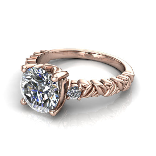 Mackenzie round leaf band engagement ring in 14K Rose Gold with carved rope-twist shank and round side accents, three-quarter perspective view