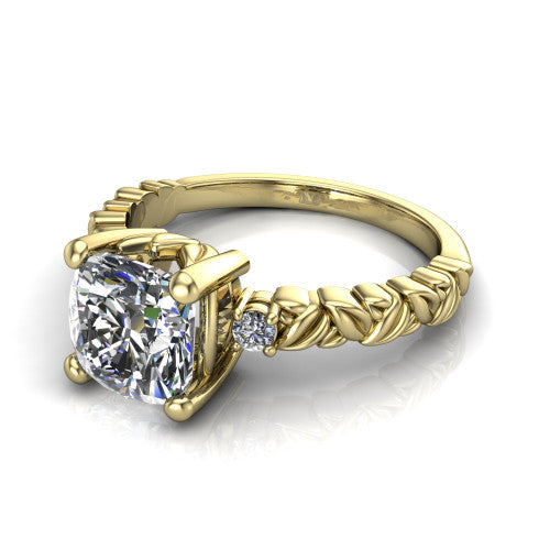 Mackenzie cushion leaf band engagement ring in 14K Yellow Gold with carved rope-twist shank and round side accents, three-quarter perspective view