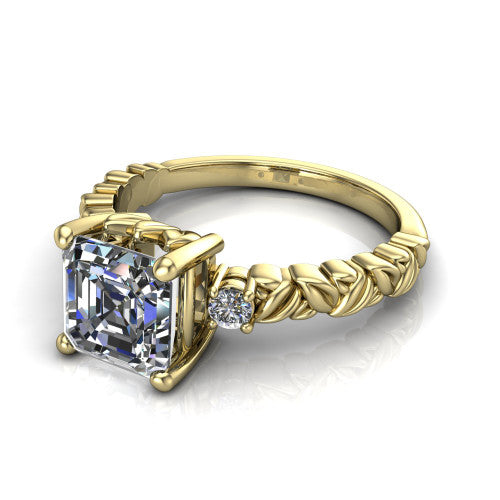 Mackenzie asscher leaf band engagement ring in 14K Yellow Gold with carved rope-twist shank and round side accents, three-quarter perspective view