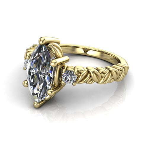 Mackenzie marquise leaf band engagement ring in 18K Yellow Gold with carved rope-twist shank and round side accents, three-quarter perspective view