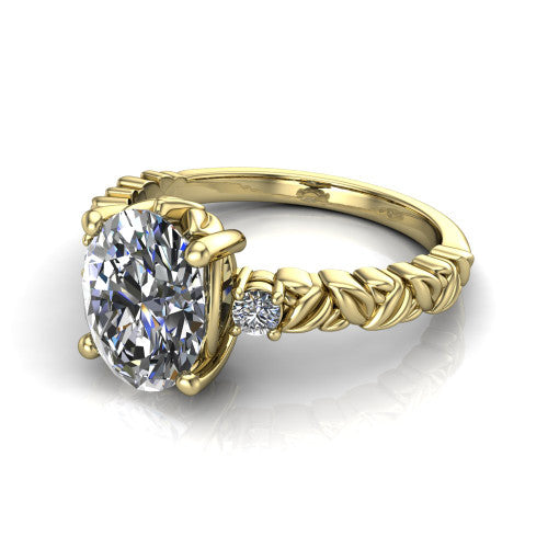 Mackenzie oval leaf band engagement ring in 18K Yellow Gold with carved rope-twist shank and round side accents, three-quarter perspective view