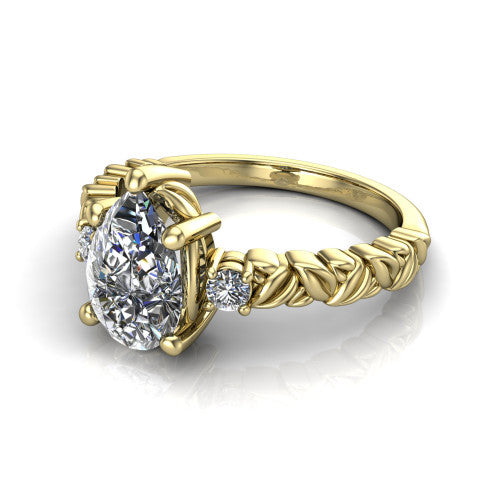 Mackenzie pear leaf band engagement ring in 14K Yellow Gold with carved rope-twist shank and round side accents, three-quarter perspective view