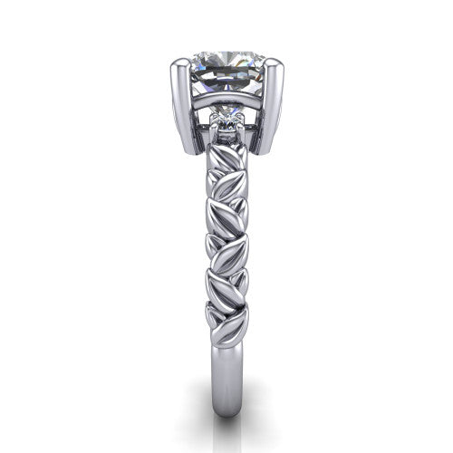 Mackenzie cushion leaf band engagement ring in Platinum with carved rope-twist shank and round side accents, side profile showing the carved leaf and rope-twist band