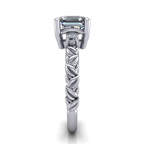 Mackenzie asscher leaf band engagement ring in 14K White Gold with carved rope-twist shank and round side accents, side profile showing the carved leaf and rope-twist band