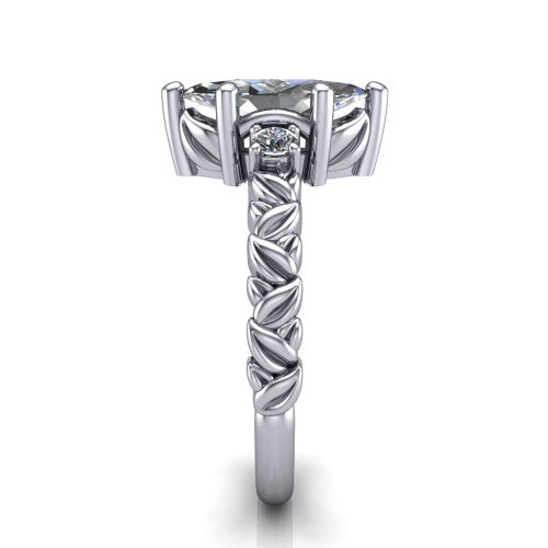 Mackenzie marquise leaf band engagement ring in Platinum with carved rope-twist shank and round side accents, side profile showing the carved leaf and rope-twist band