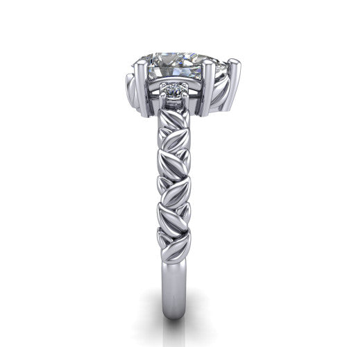 Mackenzie pear leaf band engagement ring in 14K White Gold with carved rope-twist shank and round side accents, side profile showing the carved leaf and rope-twist band