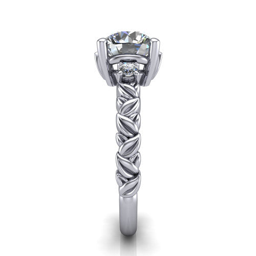 Mackenzie round leaf band engagement ring in 18K White Gold with carved rope-twist shank and round side accents, side profile showing the carved leaf and rope-twist band