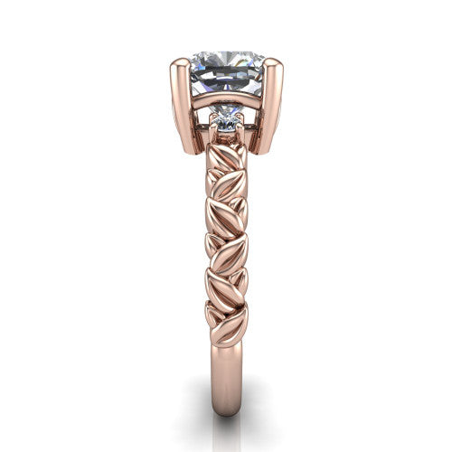 Mackenzie cushion leaf band engagement ring in 18K Rose Gold with carved rope-twist shank and round side accents, side profile showing the carved leaf and rope-twist band