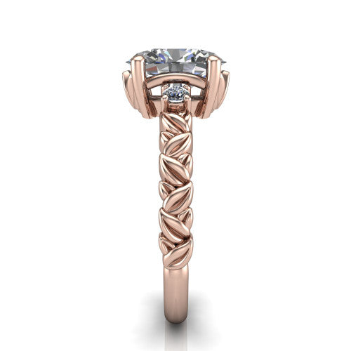 Mackenzie oval leaf band engagement ring in 18K Rose Gold with carved rope-twist shank and round side accents, side profile showing the carved leaf and rope-twist band