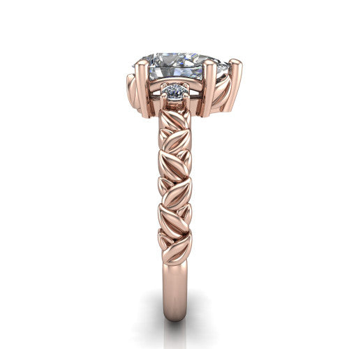 Mackenzie pear leaf band engagement ring in 18K Rose Gold with carved rope-twist shank and round side accents, side profile showing the carved leaf and rope-twist band