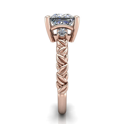 Mackenzie princess leaf band engagement ring in 14K Rose Gold with carved rope-twist shank and round side accents, side profile showing the carved leaf and rope-twist band