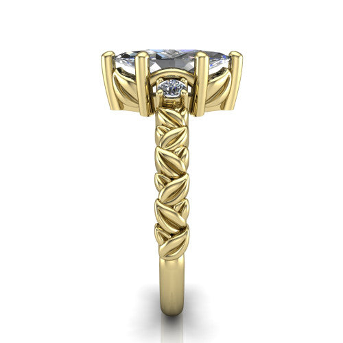 Mackenzie marquise leaf band engagement ring in 14K Yellow Gold with carved rope-twist shank and round side accents, side profile showing the carved leaf and rope-twist band