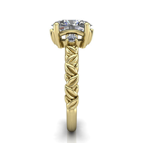 Mackenzie oval leaf band engagement ring in 18K Yellow Gold with carved rope-twist shank and round side accents, side profile showing the carved leaf and rope-twist band