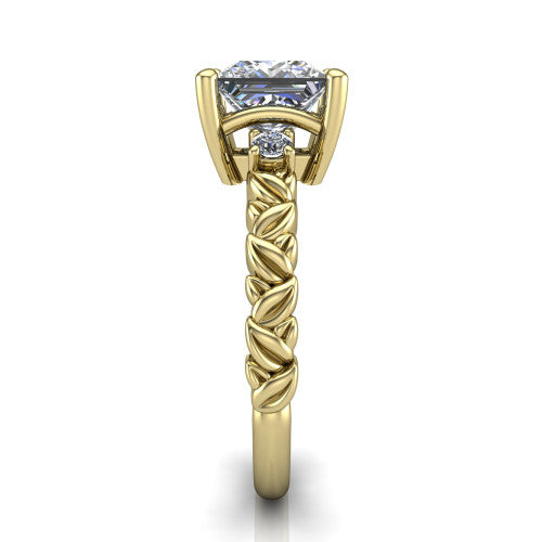 Mackenzie princess leaf band engagement ring in 14K Yellow Gold with carved rope-twist shank and round side accents, side profile showing the carved leaf and rope-twist band