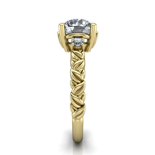 Mackenzie round leaf band engagement ring in 18K Yellow Gold with carved rope-twist shank and round side accents, side profile showing the carved leaf and rope-twist band