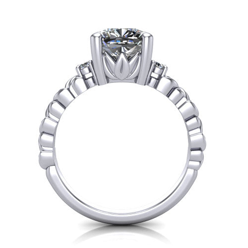 Mackenzie cushion leaf band engagement ring in Platinum with carved rope-twist shank and round side accents, through-finger front profile