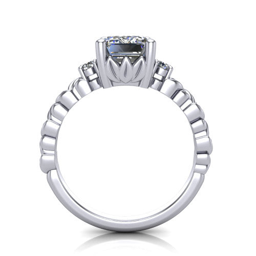 Mackenzie emerald leaf band engagement ring in 18K White Gold with carved rope-twist shank and round side accents, through-finger front profile