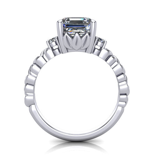 Mackenzie asscher leaf band engagement ring in 14K White Gold with carved rope-twist shank and round side accents, through-finger front profile