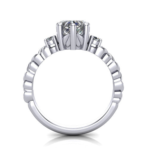 Mackenzie heart leaf band engagement ring in 14K White Gold with carved rope-twist shank and round side accents, through-finger front profile