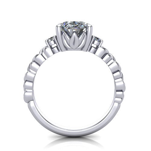 Mackenzie oval leaf band engagement ring in 18K White Gold with carved rope-twist shank and round side accents, through-finger front profile