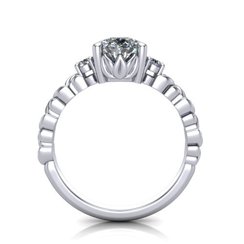 Mackenzie pear leaf band engagement ring in 18K White Gold with carved rope-twist shank and round side accents, through-finger front profile