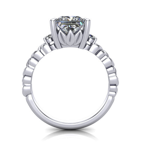 Mackenzie princess leaf band engagement ring in Platinum with carved rope-twist shank and round side accents, through-finger front profile