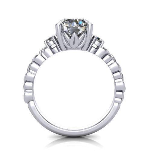Mackenzie round leaf band engagement ring in Platinum with carved rope-twist shank and round side accents, through-finger front profile