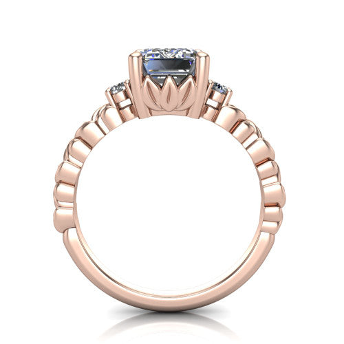 Mackenzie emerald leaf band engagement ring in 18K Rose Gold with carved rope-twist shank and round side accents, through-finger front profile