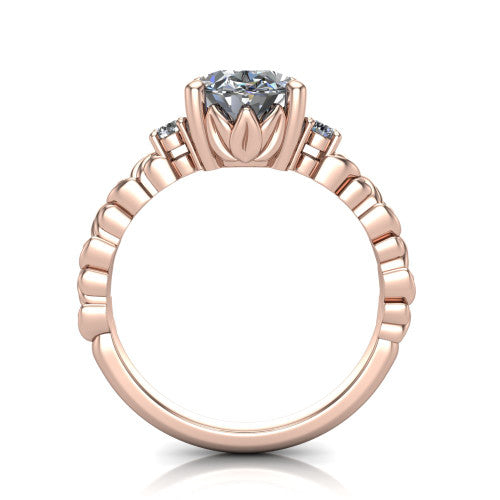 Mackenzie oval leaf band engagement ring in 18K Rose Gold with carved rope-twist shank and round side accents, through-finger front profile