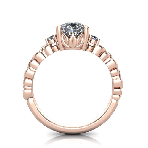 Mackenzie pear leaf band engagement ring in 14K Rose Gold with carved rope-twist shank and round side accents, through-finger front profile