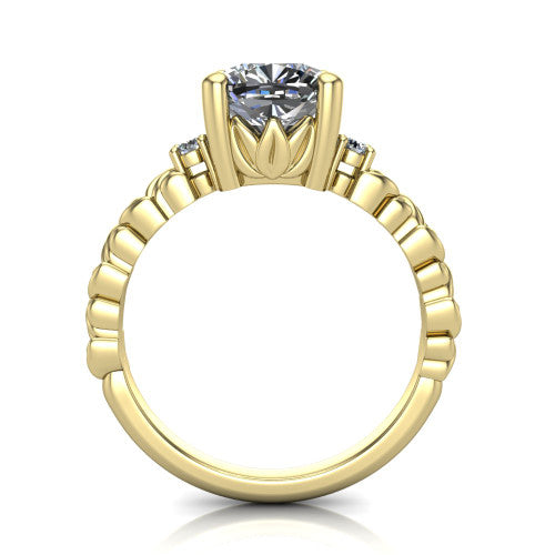 Mackenzie cushion leaf band engagement ring in 14K Yellow Gold with carved rope-twist shank and round side accents, through-finger front profile
