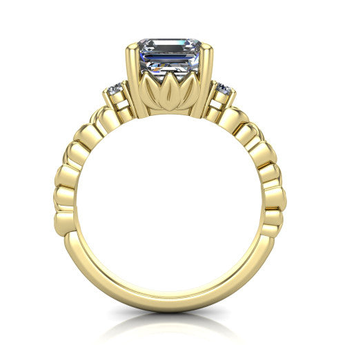Mackenzie asscher leaf band engagement ring in 14K Yellow Gold with carved rope-twist shank and round side accents, through-finger front profile