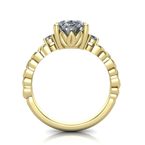 Mackenzie oval leaf band engagement ring in 18K Yellow Gold with carved rope-twist shank and round side accents, through-finger front profile