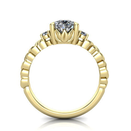 Mackenzie pear leaf band engagement ring in 18K Yellow Gold with carved rope-twist shank and round side accents, through-finger front profile