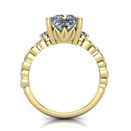 Mackenzie princess leaf band engagement ring in 14K Yellow Gold with carved rope-twist shank and round side accents, through-finger front profile