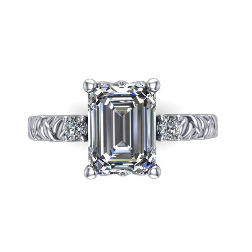 Mackenzie emerald leaf band engagement ring in 18K White Gold with carved rope-twist shank and round side accents, top-down view of the center and round side accents