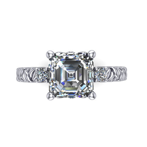 Mackenzie asscher leaf band engagement ring in 14K White Gold with carved rope-twist shank and round side accents, top-down view of the center and round side accents