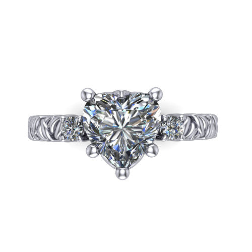 Mackenzie heart leaf band engagement ring in Platinum with carved rope-twist shank and round side accents, top-down view of the center and round side accents
