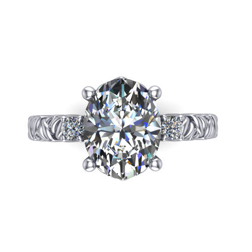 Mackenzie oval leaf band engagement ring in 18K White Gold with carved rope-twist shank and round side accents, top-down view of the center and round side accents