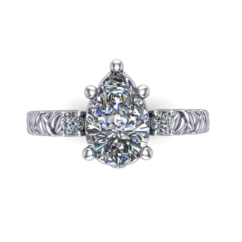 Mackenzie pear leaf band engagement ring in Platinum with carved rope-twist shank and round side accents, top-down view of the center and round side accents