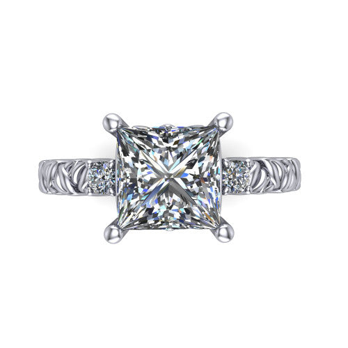Mackenzie princess leaf band engagement ring in 14K White Gold with carved rope-twist shank and round side accents, top-down view of the center and round side accents