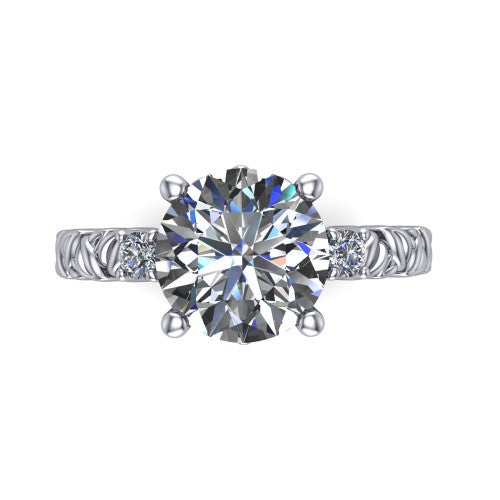 Mackenzie round leaf band engagement ring in Platinum with carved rope-twist shank and round side accents, top-down view of the center and round side accents