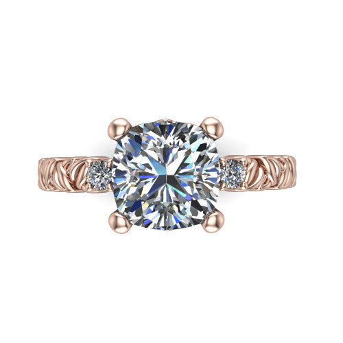 Mackenzie cushion leaf band engagement ring in 18K Rose Gold with carved rope-twist shank and round side accents, top-down view of the center and round side accents