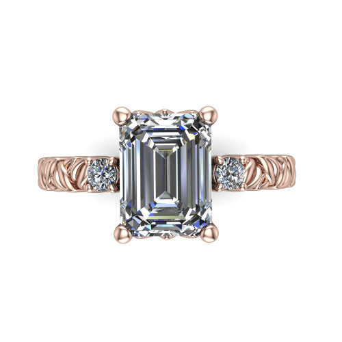 Mackenzie emerald leaf band engagement ring in 14K Rose Gold with carved rope-twist shank and round side accents, top-down view of the center and round side accents